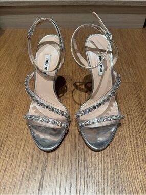 Miu Miu Silver Crystal-Strap Ankle‑Wrap Heels